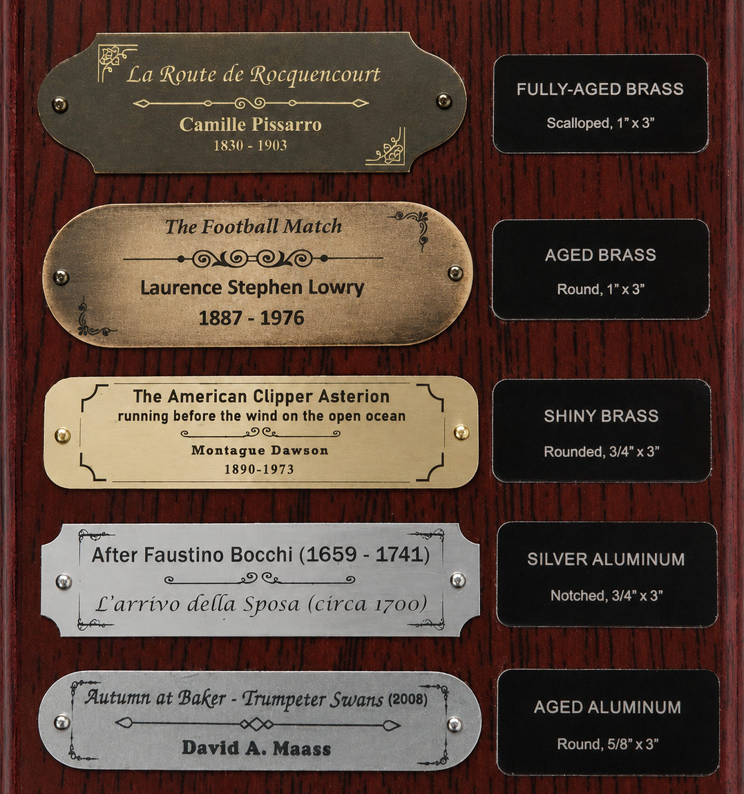 Mounted sample board showing five nameplates - fully-aged, aged and polished brass, silver and aged aluminum - each with an engraved label